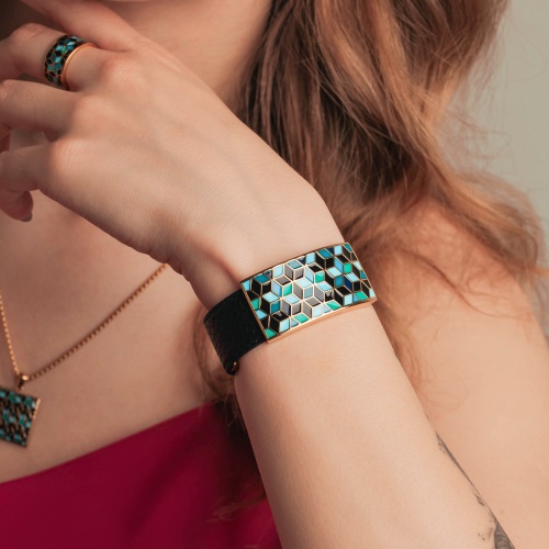 Браслет Fiore Luna на кожаном черном ремешке, CB03209-3 G фото 4